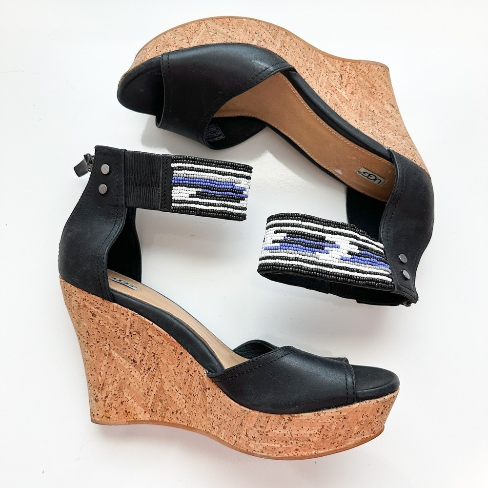UGG Jacinda Serape Beaded Black Leather Wedge Sandals Size 8.5